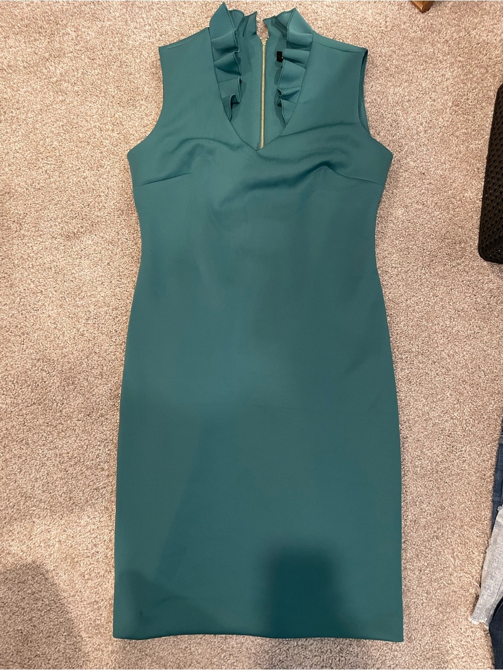 Andrew Marc Teal Ruffle-Trim Midi Sheath Dress